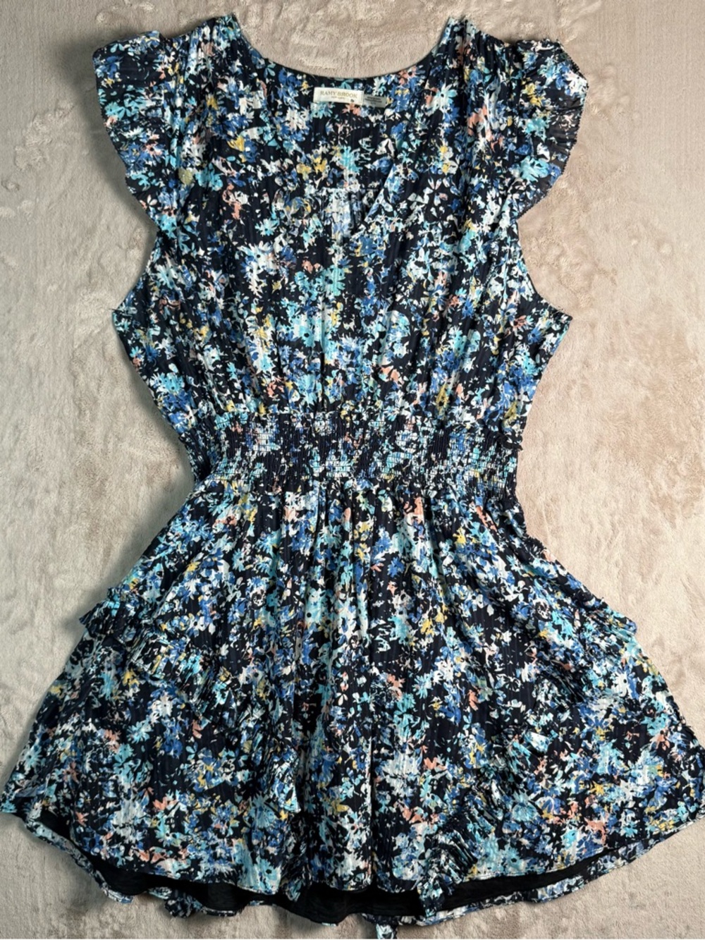 Ramy Brook Floral Smocked Waist Mini Dress XL Blue Black Ruffle Boho Romantic